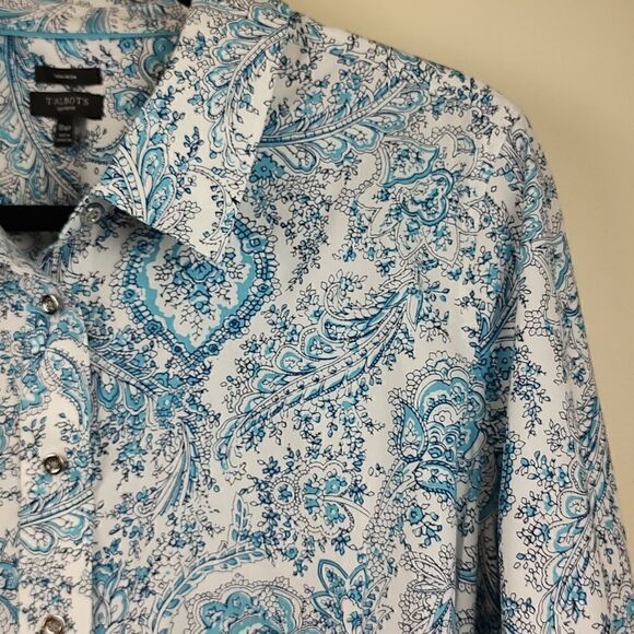 Talbot's Plus Size Non Iron Button Front Blouse Top Blue Paisley Size 18WP - Picture 3 of 10
